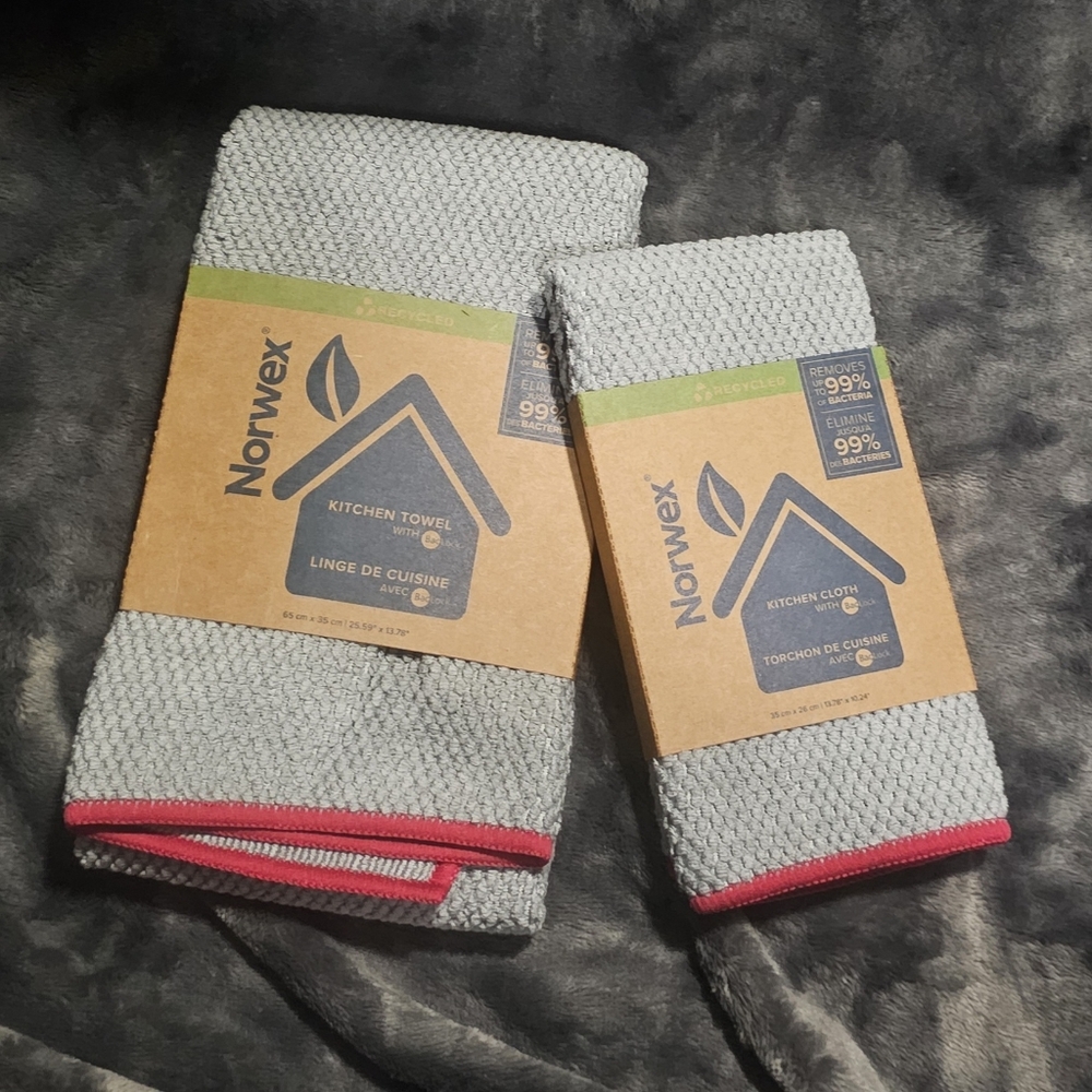 NORWEX - Diamond Textured Kitchen Towel & Cloth set ~ Graphite w/ pomegranate